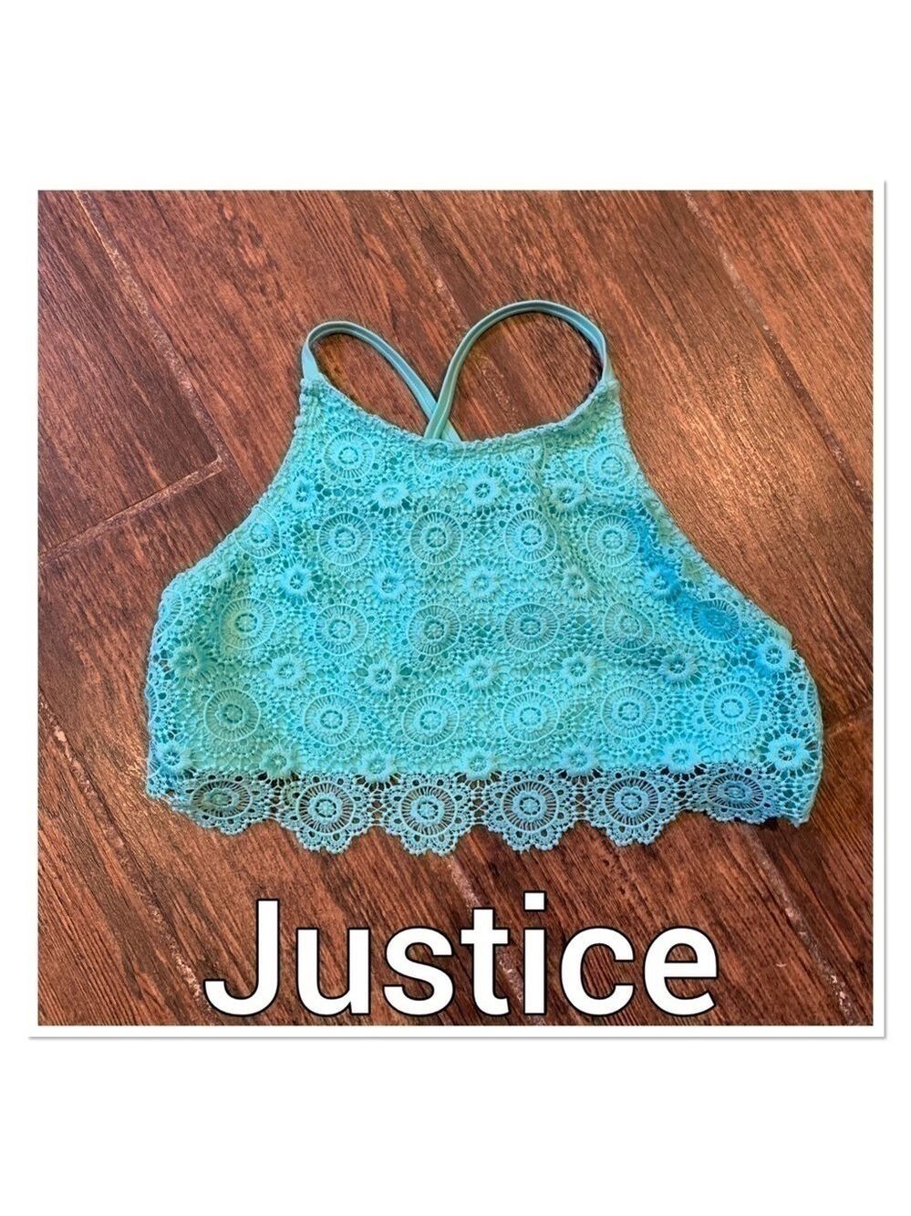 JUSTICE Teal Crochet Bikini Top size 16